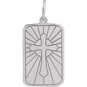 14K Gold Cross Dog Tag Pendant – Religious Christian Necklace Charm - 14K White Gold
